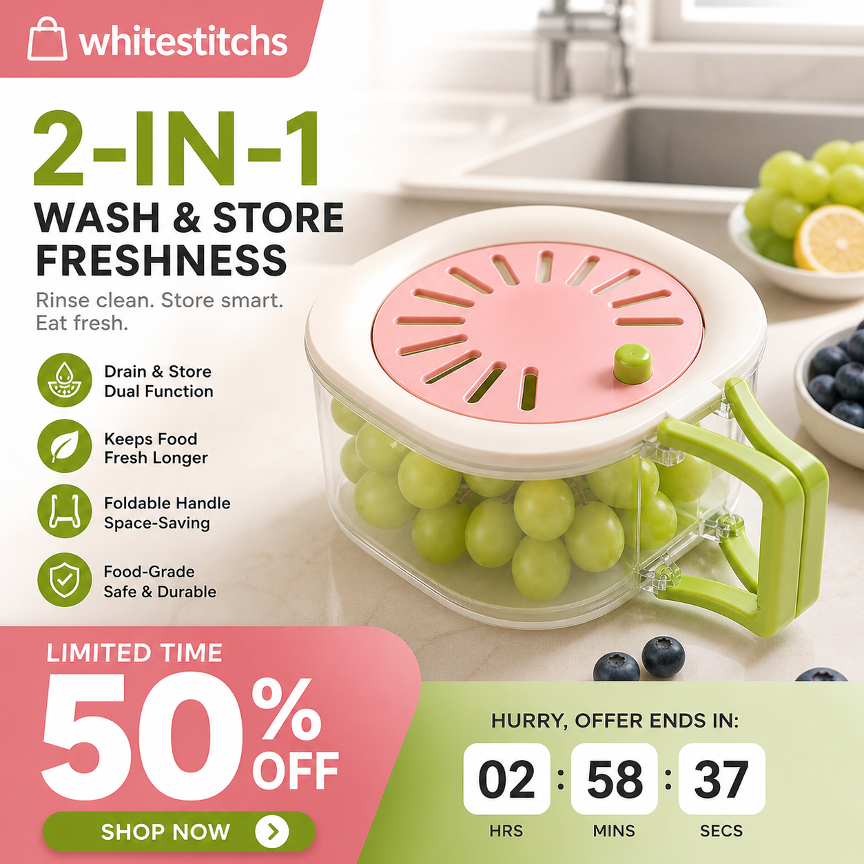 🍓 LIMITED‑TIME 50% OFF! ⚡ 2 in 1 Draining Basket with Lid – Wash, Drain & Store ✨